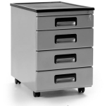 Metalowy mobilny srebrny kontenerek pod biurko z czterema szufladami 