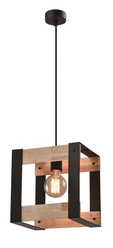 Lampa wisząca czarna metalowa + drewno 40W VOREN