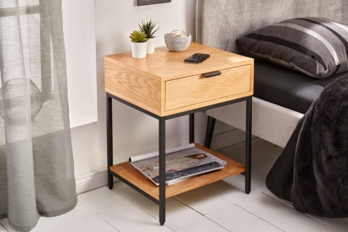 Industrialna szafka nocna z drewna w optyce dębu, metalowa podstawa, ELDEB