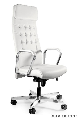 Fotel biurowy z eko-skóry w białym kolorze z aluminiową podstawą, AKINA