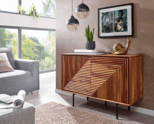 Komoda z litego drewna sheesham 100 cm na metalowych nogach, PIANO