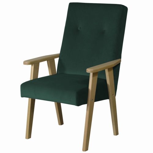 Tapicerowany fotel Retro II zielony, wybór koloru drewnianych nóg