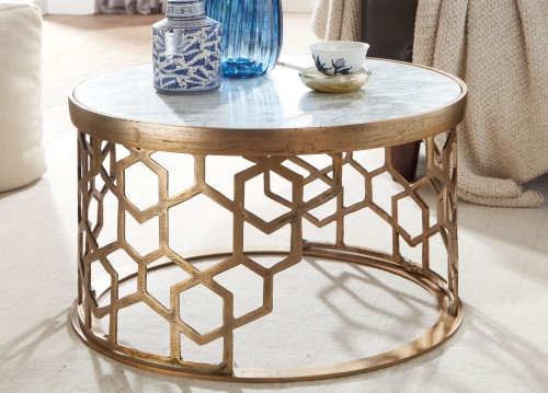 Orientalny stolik kawowy 60 cm marmurowy blat, złota podstawa