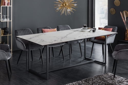 Szklany stół imitujący biały marmur, metalowy stelaż, industrialny 200/100 cm PECAN