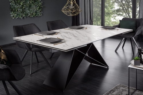 Rozkładany stół w stylu loft, szklany blat imitujący marmur, metalowy stelaż 180-260 cm TEO