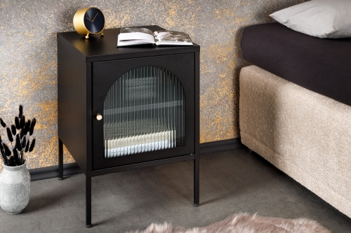 Szafka nocna szklana, ryflowana, czarny metalowy stelaż, w stylu retro 60 cm PARYŻ