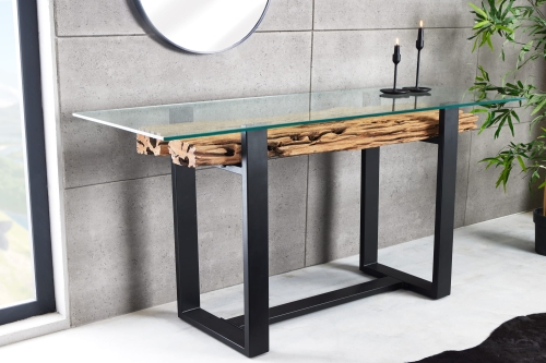 Industrialna konsola z drewna tekowego, szklany blat, metalowe nogi 150 cm ERCA