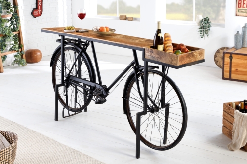 Industrialna konsola z drewna mango, rowerowy design, metalowe nogi 195 cm ERCA