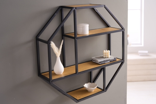 Półka wisząca w kolorze dębu, z płyty MDF, metalowy stelaż, loft SEKEND