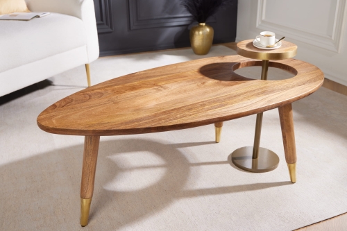 Stolik kawowy z drewna mango, metalowe okucia w kolorze złotym 110 cm CASANDRA