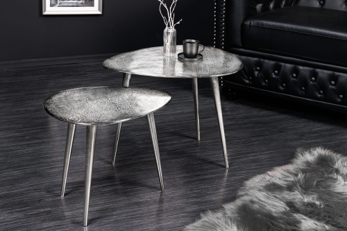 Zestaw 2 stolików kawowych w kształcie łezki, metal w kolorze srebrnym, glamour BIRMAN