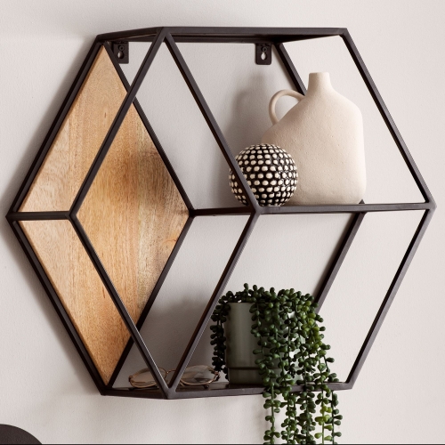 Geometryczna półka wisząca z litego drewna mango, metalowy stelaż, loft 52/60 cm EMIK
