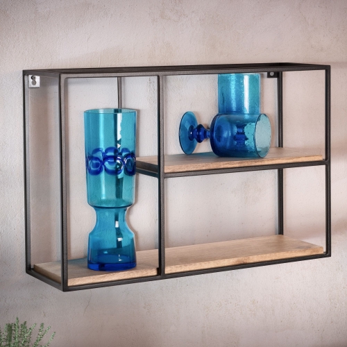 Półka ścienna z litego drewna mango, metalowy stelaż, w przemysłowym stylu 40/60 cm EMIK