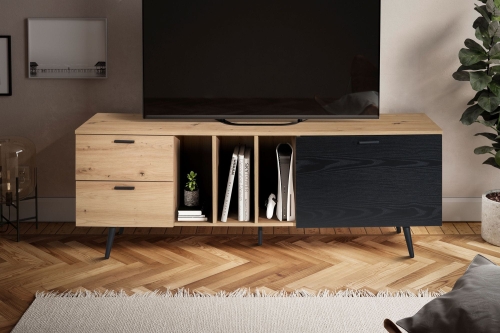 Szafka RTV w nowoczesnym stylu, korpus w kolorze dębu, metalowe nogi 150 cm HOLLAND