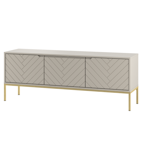 Szafka RTV na złotych nogach, beżowe fronty w jodełke 57/151 cm ALDA