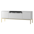 Szafka RTV z soundbarem JBL, białe fronty w jodełkę, metalowe złote nogi 57/151 cm ALDA