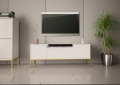 Szafka RTV z soundbarem JBL, białe fronty w jodełkę, metalowe złote nogi 57/151 cm ALDA