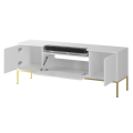 Szafka RTV z soundbarem JBL, białe fronty w jodełkę, metalowe złote nogi 57/151 cm ALDA