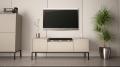 Szafka RTV z soundbarem JBL, beżowe fronty w jodełkę, metalowe nogi 57/151 cm ALDA