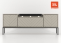 Szafka RTV z soundbarem JBL, beżowe fronty w jodełkę, metalowe nogi 57/151 cm ALDA