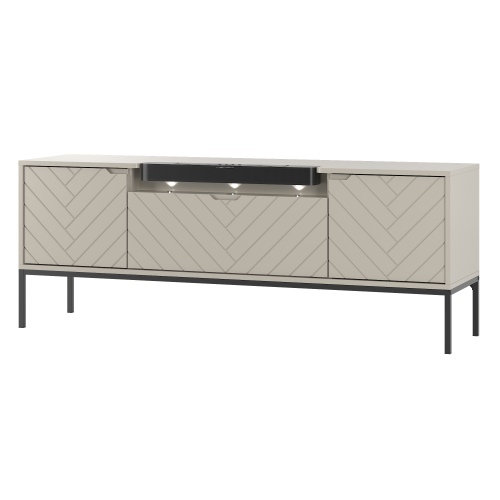 Szafka RTV z soundbarem JBL, beżowe fronty w jodełkę, metalowe nogi 57/151 cm ALDA