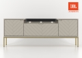 Szafka RTV z soundbarem JBL, beżowe fronty w jodełkę, na złotych nogach 57/151 cm ALDA