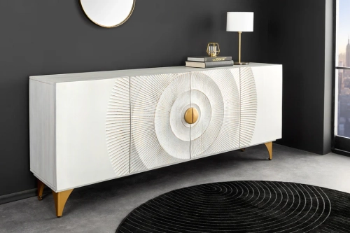 Biała komoda drewno mango 177 cm, złote nóżki, ozdobne ornamenty - SURI