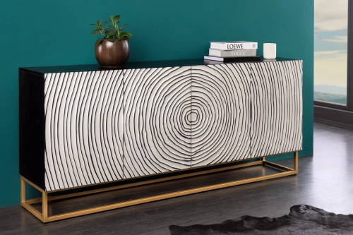 Biało-czarna komoda z drewna mango, fronty 3D, metalowe nogi 177 cm OLED