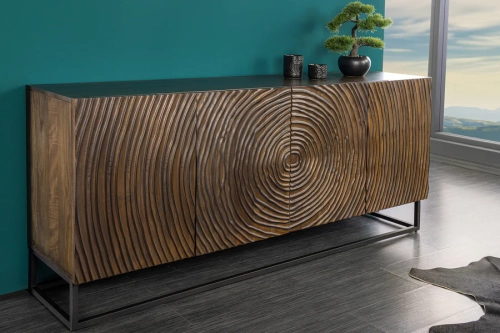 Ciemnobrązowa komoda z drewna mango, fronty 3D, metalowe nogi 177 cm OLED
