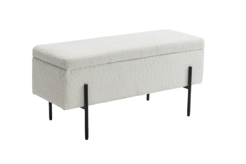 Pufa ze schowkiem z tkaniny boucle w kolorze białym, metalowe czarne nogi 100 cm TEVO