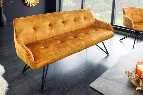Sofa z aksamitu w żółtym kolorze, na metalowych nogach 156 cm EVALIA