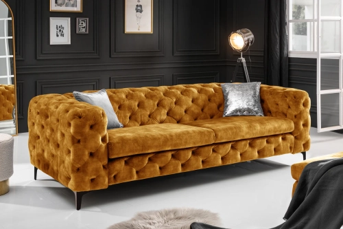 Pikowana sofa trzyosobowa, w kolorze musztardowym 235 cm RUSTIC