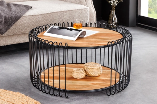 Stolik kawowy z drewna akacjowego, metalowy czarny stelaż 70 cm loft NOKKA