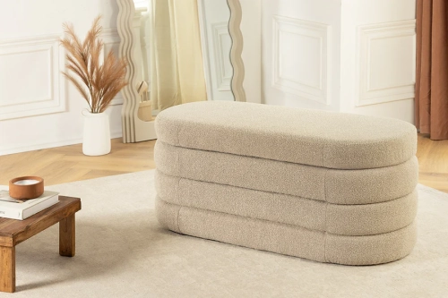 Pufa ze schowkiem z tkaniny boucle w kolorze beżowym 113 cm PICO
