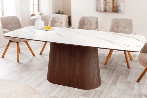 Stół z blatem ceramicznym o wyglądzie marmuru, fornir z drewna orzechowego 200 cm VINERA