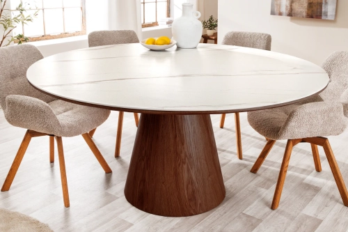 Stół z blatem ceramicznym o wyglądzie marmuru, fornir z drewna orzechowego 120 cm VINERA