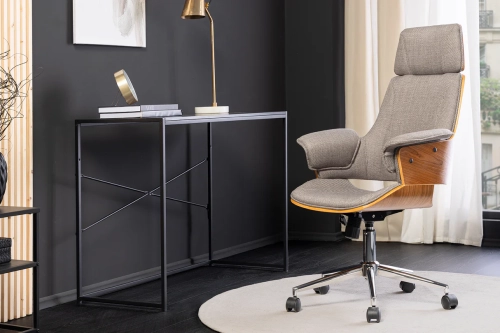 Luksusowe krzesło biurowe, orzechowy fornir, tapicerka w kolorze szarym GAIA